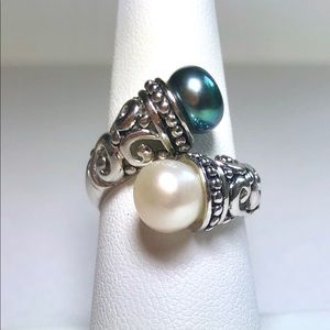 Freshwater Peacock and White Pearl Bypass Ring